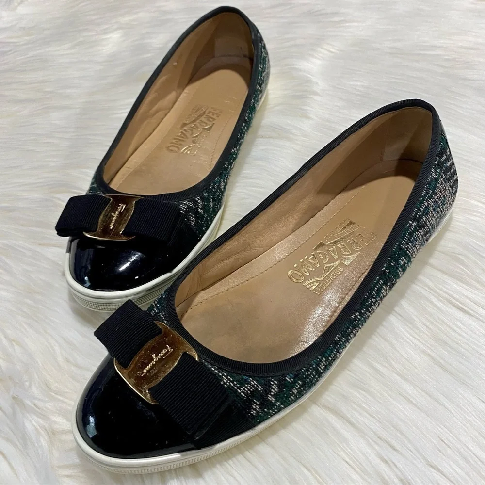 Ferragamo Rufina‎ Tweed Patent Leather Flats Green Black 5.5
